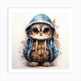 Watercolour Cartoon Owl In A Hoodie 2 Art Print