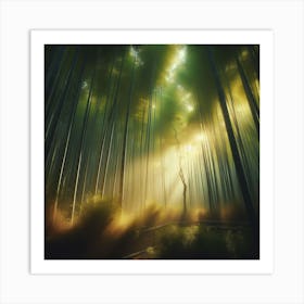 A peaceful and serene bamboo forest bathed in soft sunlight.1 Art Print