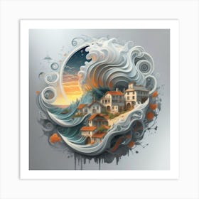 Mountain village sea waves tsunami 9 Art Print