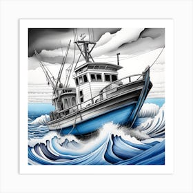 Fishing Boat In Rough Seas Japanese Monochromatic Art Print