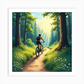 Mountain Bike On A Winding Forest Trail With Sunbeams Watercolor 1 Art Print