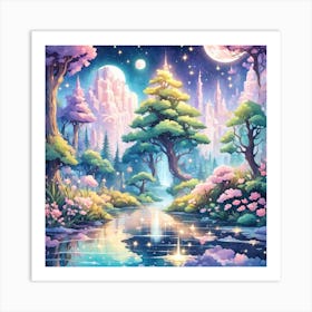 A Fantasy Forest With Twinkling Stars In Pastel Tone Square Composition 74 Art Print