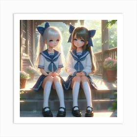 Two Girls In School Uniforms Art Print