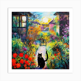 Black Cat In Monet Garden 1 Art Print