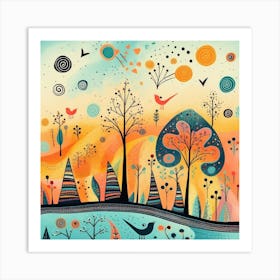 Landscape With Trees And Birds Art Print