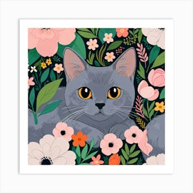 Gray Cat In Flowers Art Print