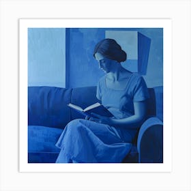 Woman Reading Book Monochromatic Figuration in Blue Art Print