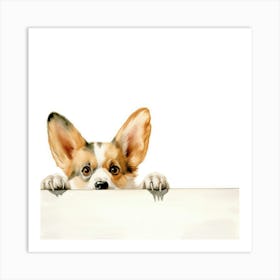 Corgi Dog Peeking Over A Blank Sign Art Print