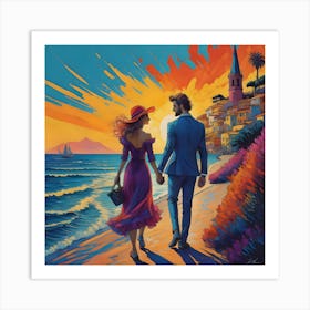 Couple Walking By The Sea Art Print