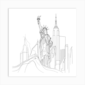 Statue Of Liberty, minimalist, line art, black and white. Art Print
