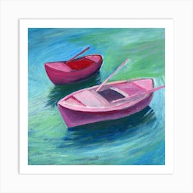 Two Boats - Anton Maliar painting square impressionism teal pink red sea boat living room bedroom Art Print