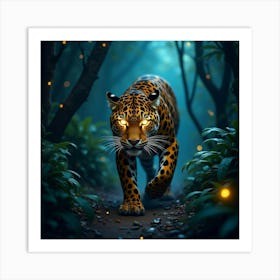 A Jaguar With Glowing Golden Eyes, Moving Stealthily Through A Jungle Filled With Bioluminescent Plants Art Print