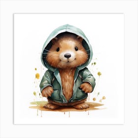 Watercolour Cartoon Beaver In A Hoodie 3 Art Print