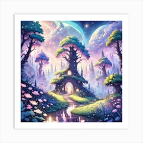 A Fantasy Forest With Twinkling Stars In Pastel Tone Square Composition 42 Art Print