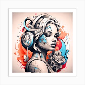 Girl With Headphones Art Print