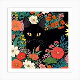 Black Cat In Flowers 3 Art Print