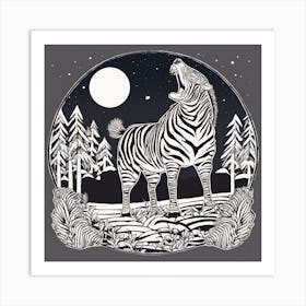 Sticker Art Design, Zebra Howling To A Full Moon, Kawaii Illustration, White Background, Flat Colors Art Print