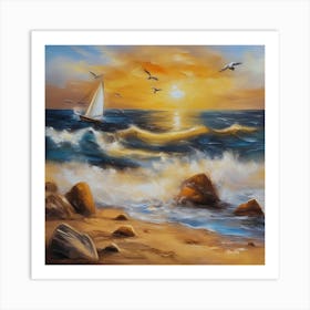 Oil painting design on canvas. Sandy beach rocks. Waves. Sailboat. Seagulls. The sun before sunset.16 Art Print