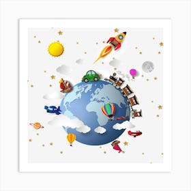 Earth With Cars And Airplanes Art Print
