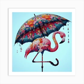 Flamingo Under an Umbrella Art Print