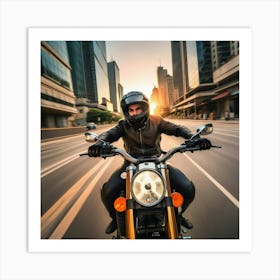 Man Riding Motorcycle In City 1 Art Print