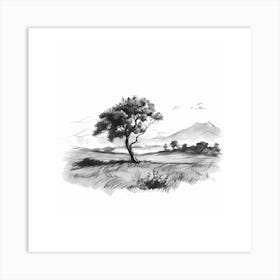 Sketch Effect Single Tree Landscape Art Print