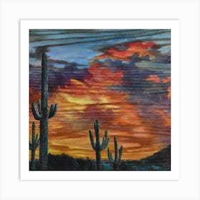 Sunset Over Saguaro Wood Print Art Print