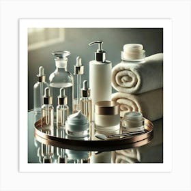 Luxury Skincare Display Wall Art: Elegant Glass Bottles and Cream Jars for Sophisticated Beauty and Self-Care Decor Print Art Art Print