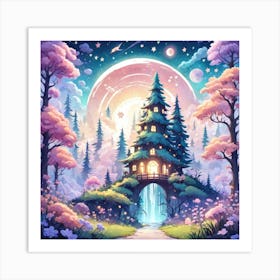 A Fantasy Forest With Twinkling Stars In Pastel Tone Square Composition 140 Art Print