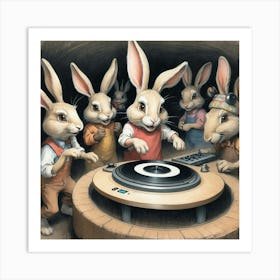 Rabbits At The Turntable Art Print