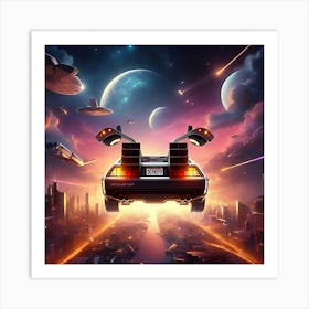 Back To The Future Delorean Flying Space, Synth Wave, Digital Art (1) Art Print