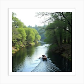 Small Skiff Navigating A Winding River Surrounded By Trees 1 Art Print