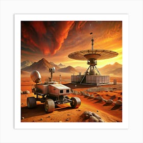 A Mars rover exploring a red planet, with a large satellite dish. Art Print