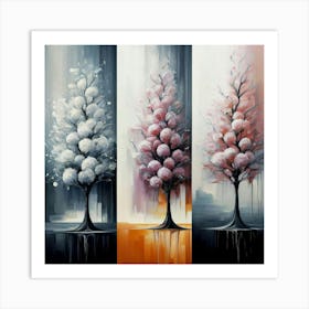 Three different paintings each containing cherry trees in winter, spring and fall 8 Art Print