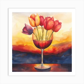 Watercolor Image Of A Wine Glass Filled With Red Tulips Art Print