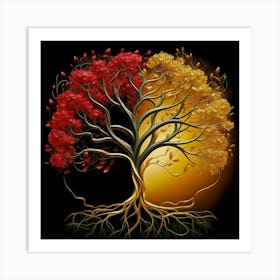 Template: Half red and half black, solid color gradient tree with golden leaves and twisted and intertwined branches 3D oil painting Art Print