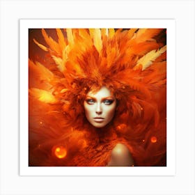 Beautiful Woman With Orange Feathers Photo 1 Art Print