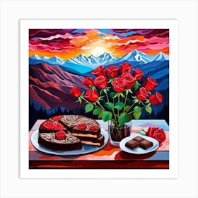 Sunset With Roses And Cake Art Print