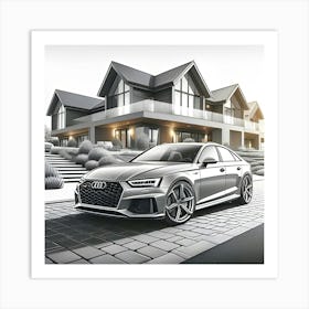 A Pencil Drawing Of A Audi Rs4 In Front Of A Beautiful Modern Mansion Art Print