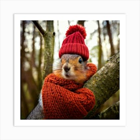 Firefly Squirrel, Closeup, Cute, Knitted, Hat, Scarf, Branch, Tree, Autumn, Cozy, Woodland, Nature, (9) Art Print