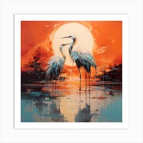 Gilded Horizons: Two Cranes in Impressionistic Dance Art Print