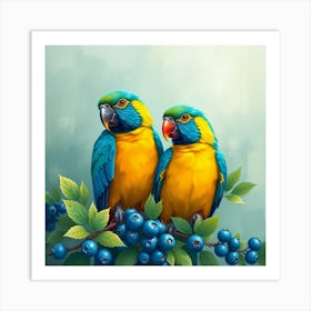 Parrots On Blueberries Art Print