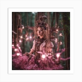 Steampunk Pink Winged Fairy Forrest Lights Art Print