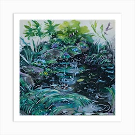 Rainy Day Garden Pond - Watercolor Nature Painting Art Print