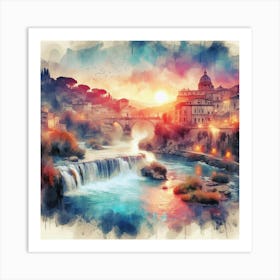 Watercolor Of Rome At Sunset Art Print