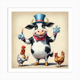 Cow And Chickens 3 Art Print