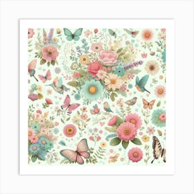 Flowers And Butterflies Art Print