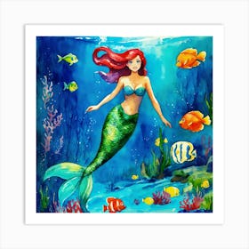 Painting The Little Mermaid Swimming In The Ocean (2) Art Print