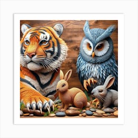 Tiger, Rabbit, Owl And Rat Art Print