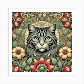 william morris Cat portriat With Flowers Art Print